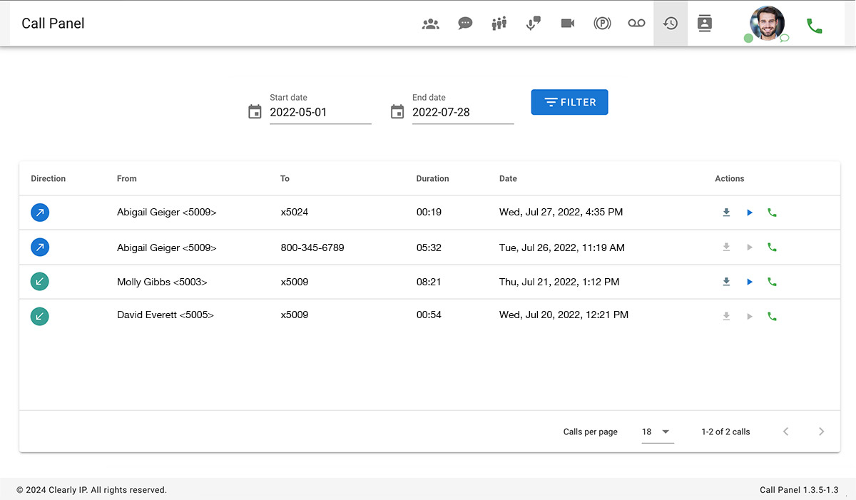 Clearly Cloud Call Panel Call History Detail Records