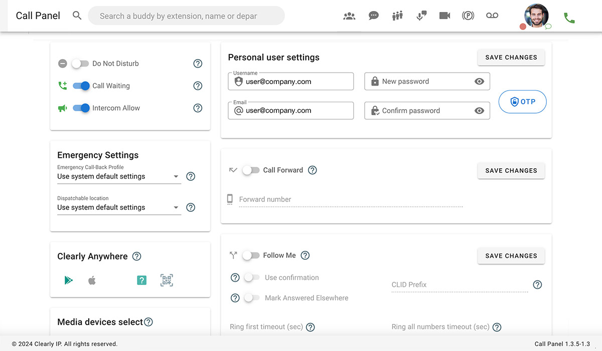 Clearly Cloud Call Panel Settings